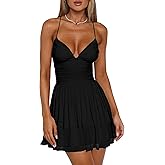 Mokoru Women's Sexy Sleeveless Spaghetti Strap Mini Dress Ruched Ruffle Hem V Neck Short Party Dresses