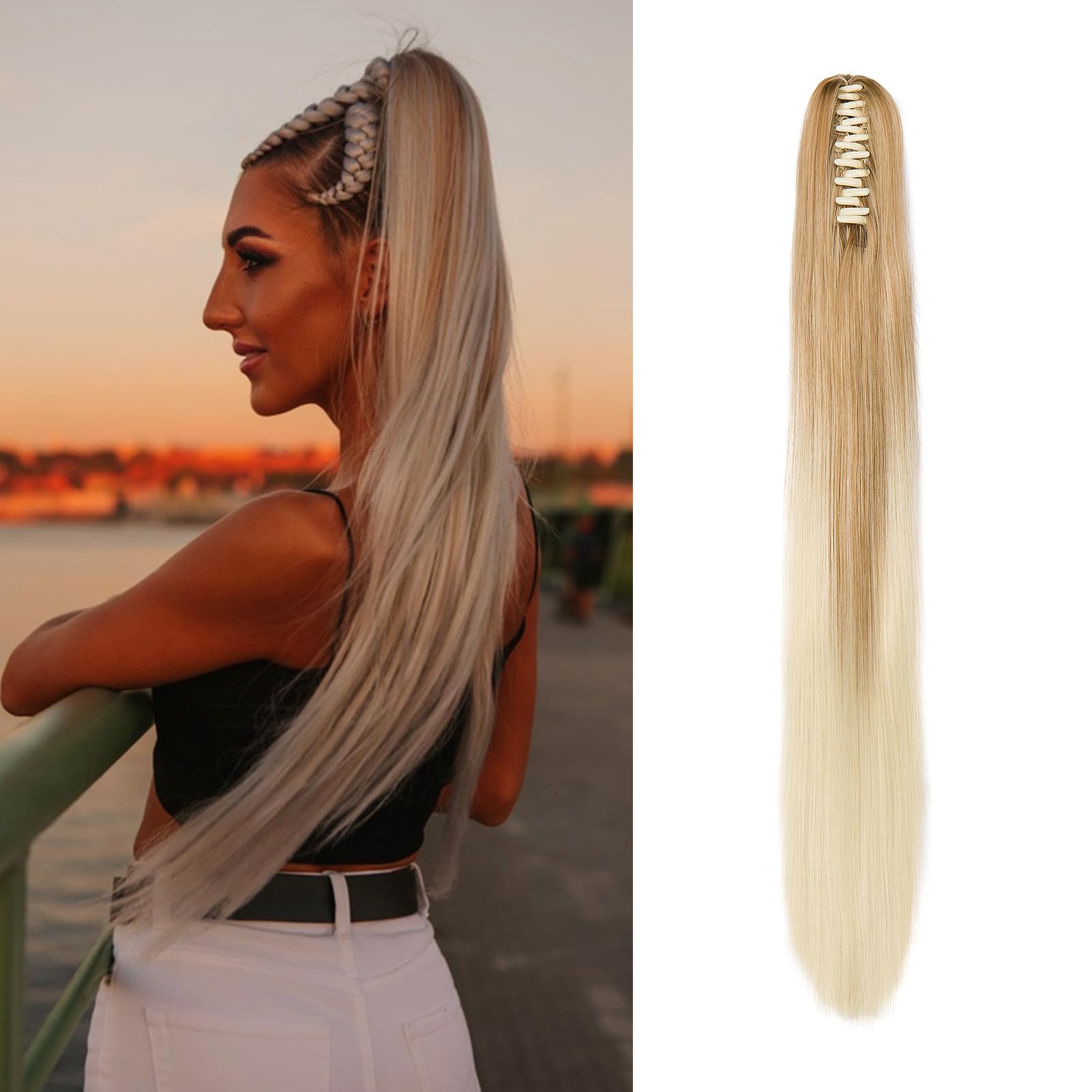 Dcbaboo 22inch Claw Clip in Ponytail Hair Extensions Long Straight Ponytail Extension Synthetic Pony tails Natural Wave One Piece Hairpiece Fake Ponytail for Women, Dark Blonde Ombre Bleach Blonde — image 1