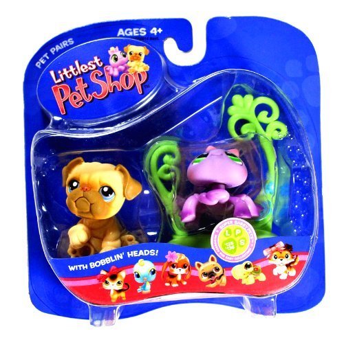 Hasbro Year 2006 Littlest Pet Shop Pet Pairs "Super Sassy Pets" Series Bobble Head Pet Figure Set - Tan Color Bulldog Puppy (#135) and Lavender Color Spider (#136) with Spider Web (51897)