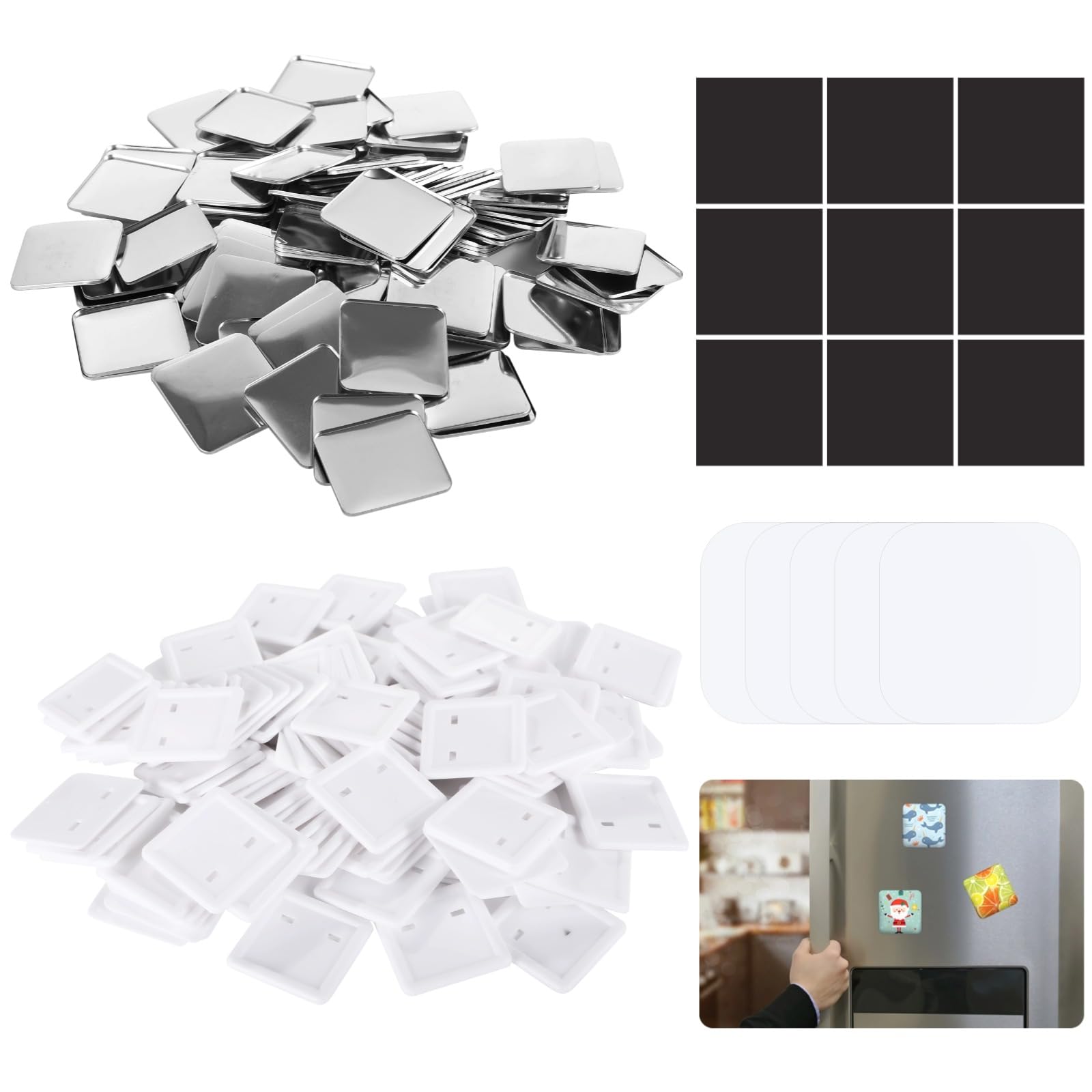 Photo 1 of 100PCS Square Button Parts, DIY Fridge Magnet Button Maker Supplies for Square-Shaped Button Maker Machine 50mm?Including Metal Cover, Plastic Back Cover, Clear Film, Soft Magnet