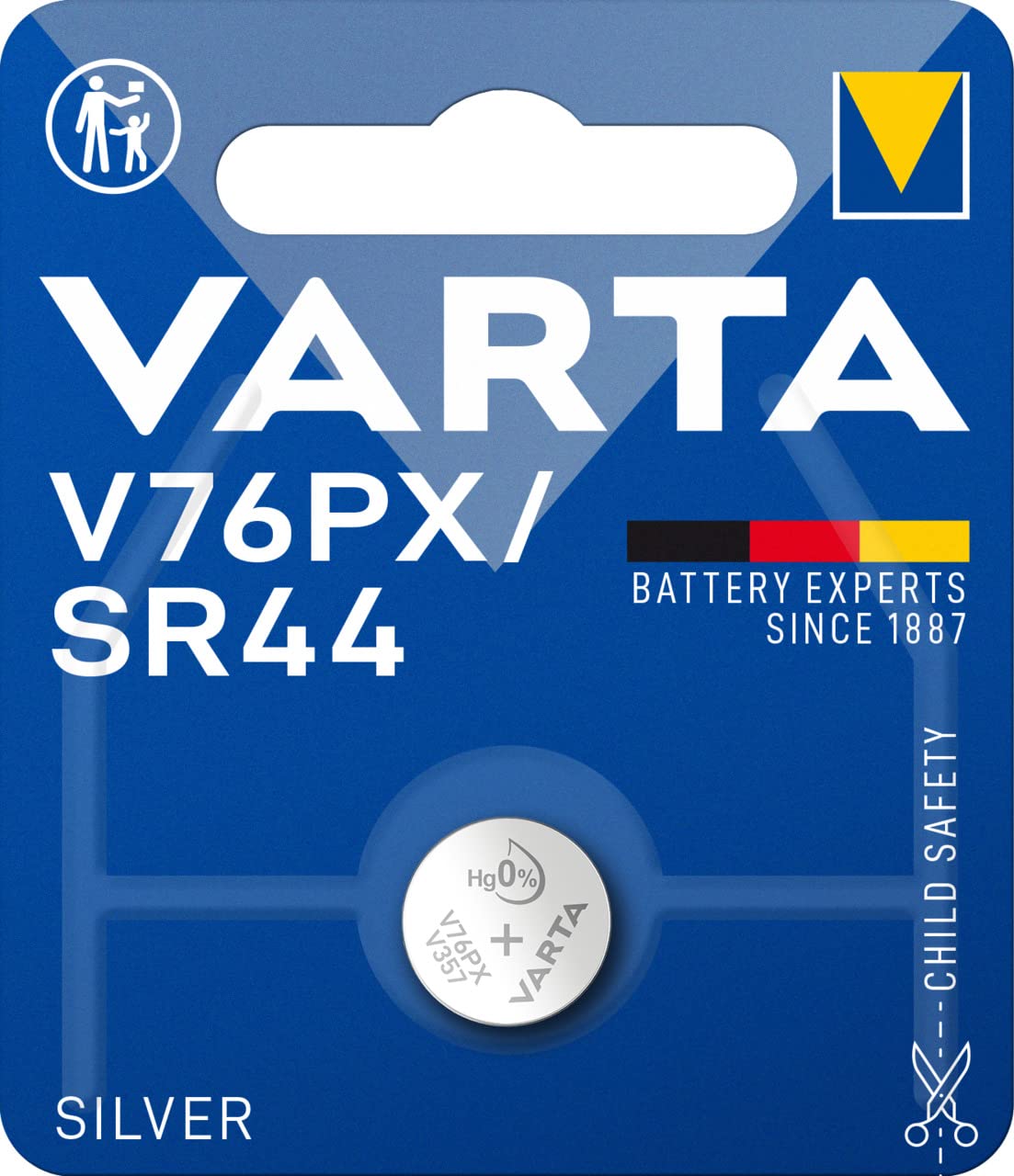 VARTA Batteries Electronics V76PX/SR44 silver battery 1-pack, Battery in original blister pack of 1, Blue Silver