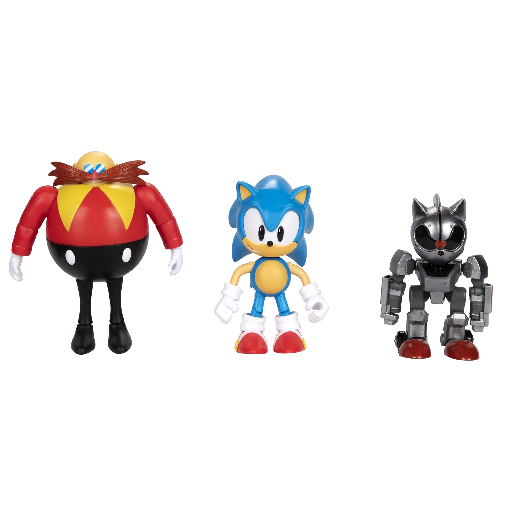 Sonic The Hedgehog 3-Pack Action Figures - Sonic, Dr. Eggman, Mecha Sonic, Articulated, 4” / 10cm Tall, Ages 3+