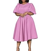 HuiSiFang Womens Elegant Pleated A Line Dress Short Bubble Sleeve Casual High Wasited Flare Midi Dresses