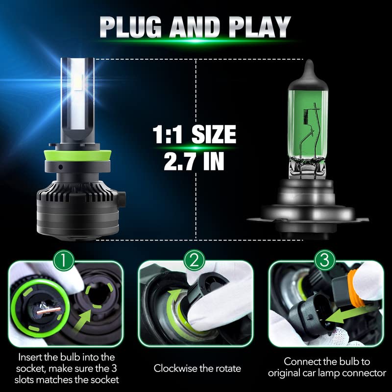 Led Headlight Bulbs, H11/H8/H9 Headlight Bulbs w/ 14000LM, 6500K Super Bright, Cool White, Efficient Cooling System, Patent 1+1 Design, 50000H Lifespan, Fog Light w/ 10Mins Plug & Play, Pack of 2