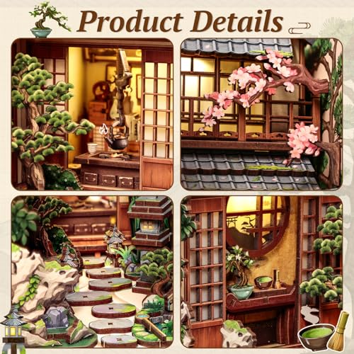 CUTEBEE Book Nook Kit - Kit de Casa de Muñecas para Adultos, Casa Miniatura Japonesa con Luz LED, Decoración para Estantería, (Serene Courtyard)