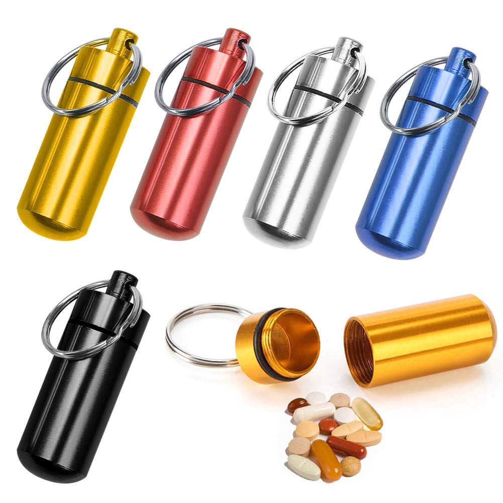 ASEOK 6pcs Outdoor Aluminum Waterproof Pill Holder Box, Waterproof Keychain Pill Box Keyring Aluminum Alloy Pill Container Colorful mini aluminium pill capsule seal pills holder Portable