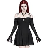 LANSHULAN Women Goth Sexy Off-Shoulder Mesh Bodycon Gothic Dress with Twist Knot and Pendant