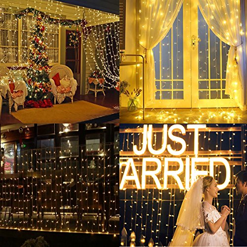GreenClick 594 LEDs Fairy Curtain String Icicle Hanging Lights With Remote, 19.6ft Lenght-10ft Wide Christmas Waterfall Backdrop Lights, 8 Lighting Modes, UL Listed Adapter, 6 hours Timer, Warm White