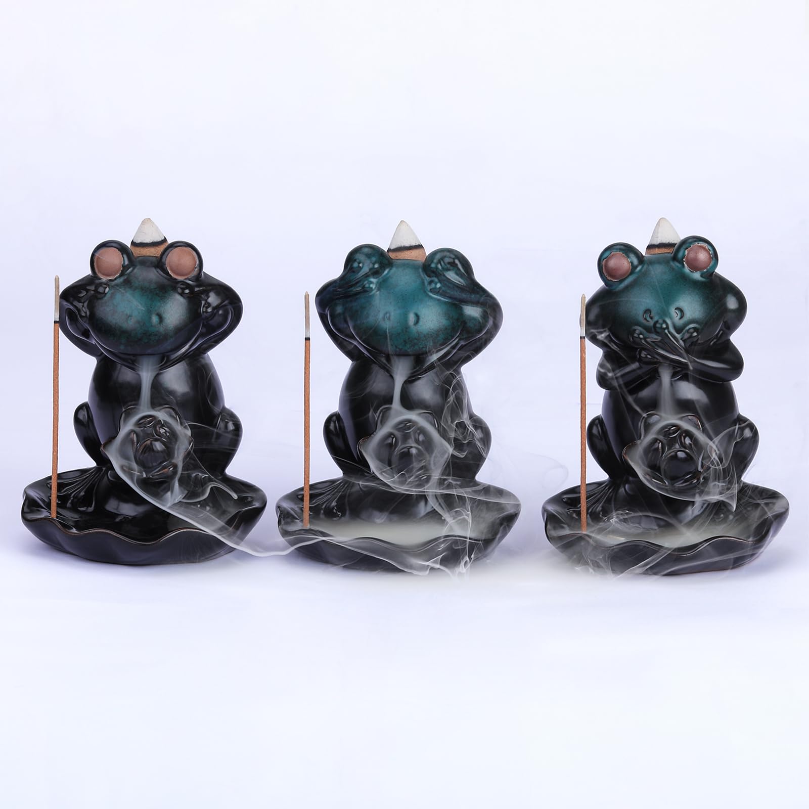 WEWAYSMILE 3 pcs Frog Backflow Incense Burner, Waterfall Backflow Incense Holder, for Home Office Yoga Home Fragrance Decor Accessories(Frog/Don't Listen/Don’t Say/Don’t See)