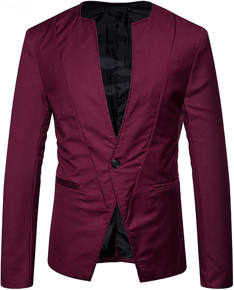 Cloudstyle Mens Slim Fit Suit Single Breasted Collarless Suit Jacket
