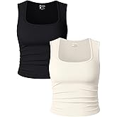 OQQ Womens 2 Piece Crop Tops Rueched Sleeveless Square Neck Stretch Basic Tank Shirts