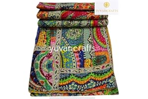YUVANCRAFTS Patchwork Cotton Kantha Quilt - Indian Traditional Handmade Bedding Vintage Multi Color Quilt Blanket (Twin (60"x90"), Multi Patch 1)