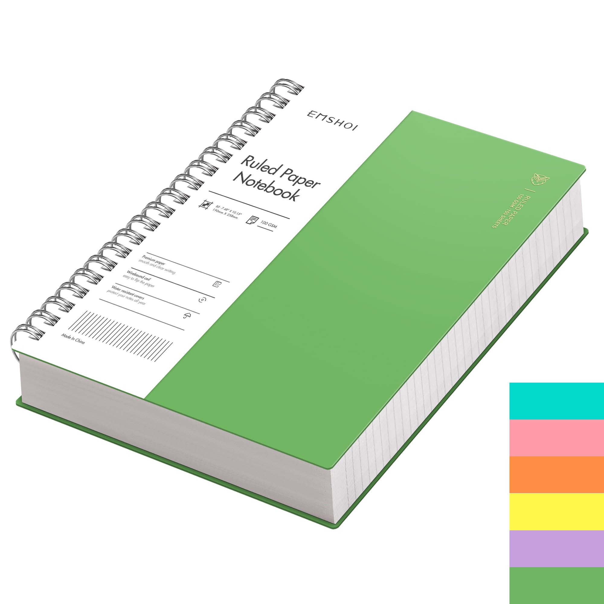 EMSHOI B5 Notebook Lined 300 Pages/150 Sheets, Spiral Notepad Multi-coloured, 100gsm Thick Paper, Waterproof Hardcover, Writing Journal for Women Men Work Office School,19 x 25 cm, Green — image 1