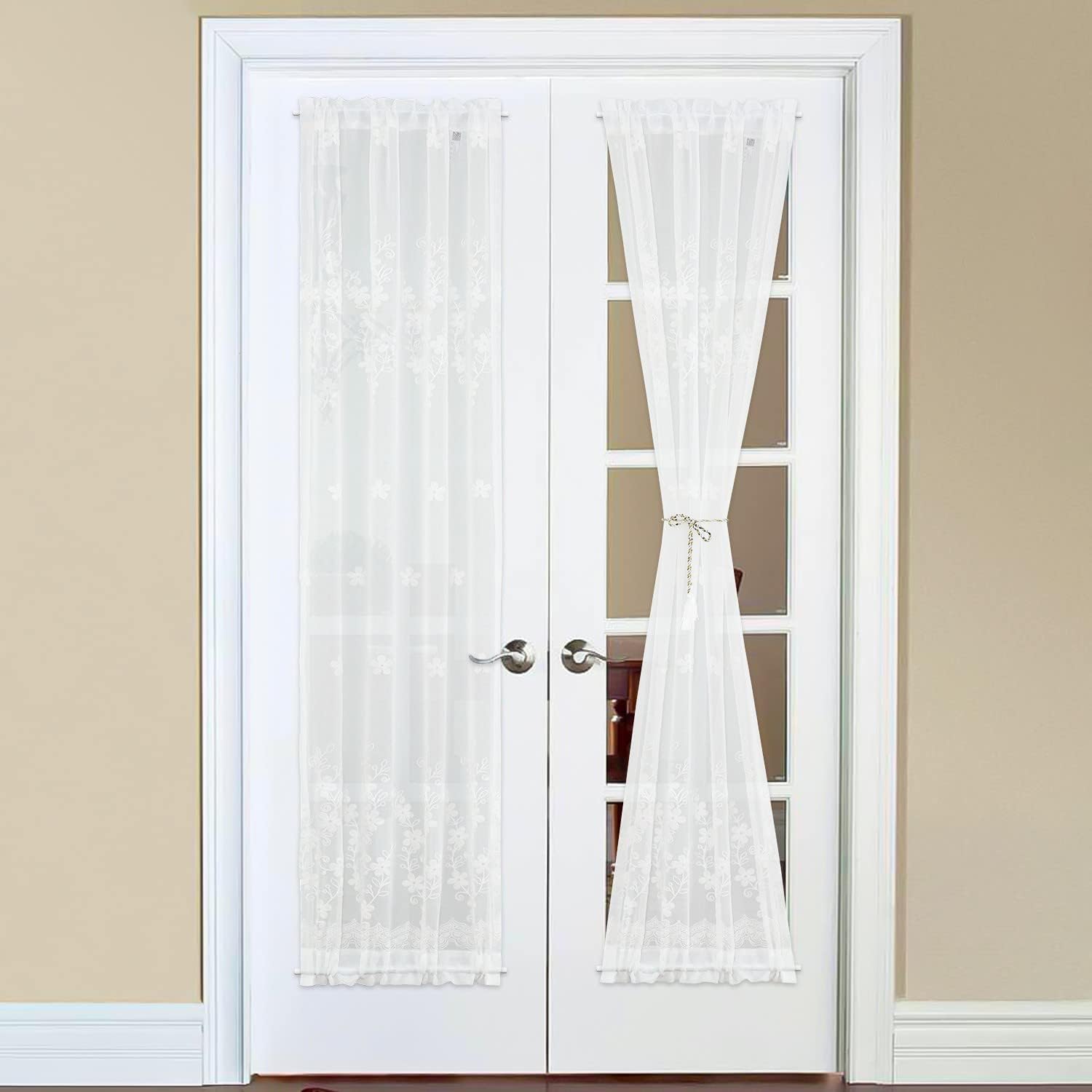Outdoor Curtains - VOGOL Floral Embroidery French Door Curtains, Light Filtering Glass Door Panel with Top and Bottom Rod Pockets for Garden, Patio, Yard, 1 Piece