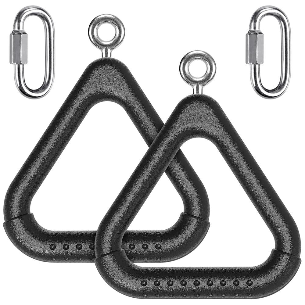 Dolibest Trapeze Ring, 2 Pack Gym Ring Triangle Monkey Bar Handle Grip with Carabiner for Outdoor Swing Set/Climbing Frame/Obstacle Course/Pullup/Olympic Training Indoor Fun Activity, Black