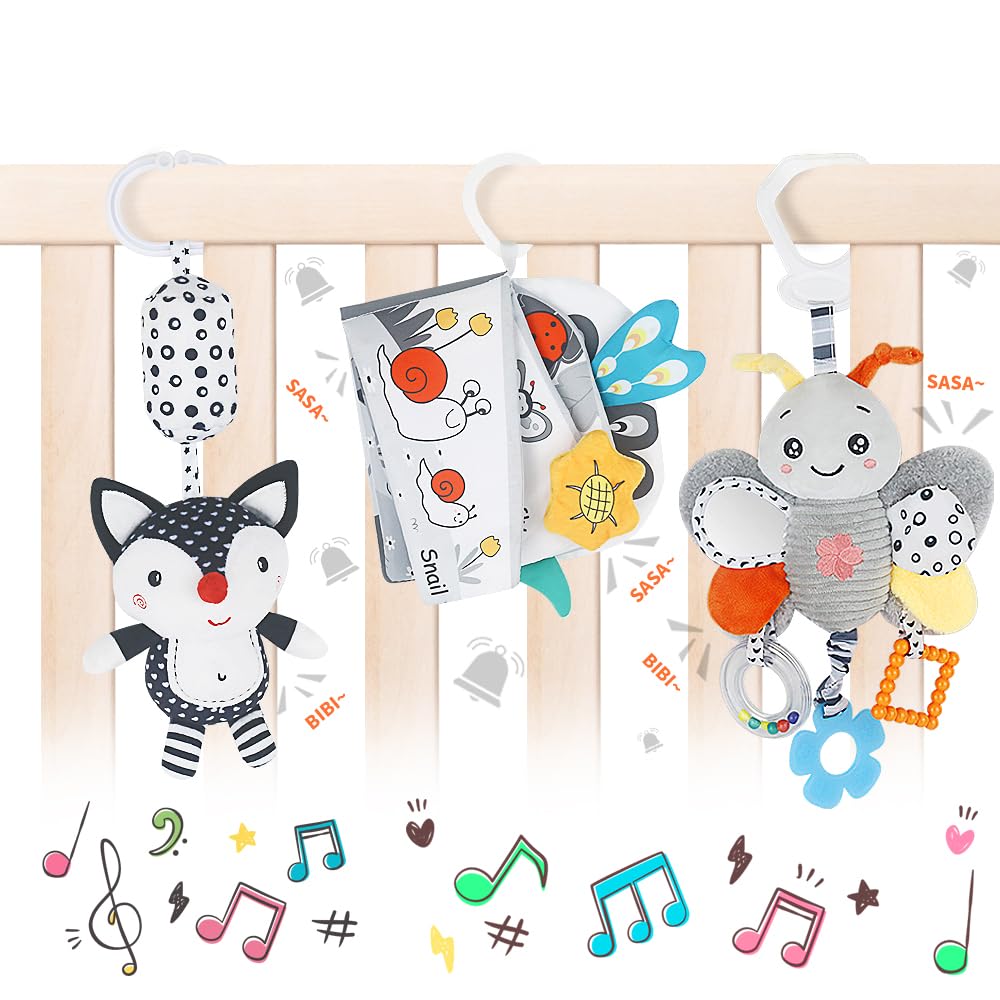 Baby Hanging cot Toy with Rattle and Wind Chime, Black & White High Contrast Animal Rattle Toy 0-12 Months, Ideal for Car Seat, Stroller, Prams (3 Pack) (Black & White)