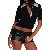 SOLY HUX Women's Short Sleeve Collared V Neck T Shirts Button Work Tees Gong Out Crop Tops