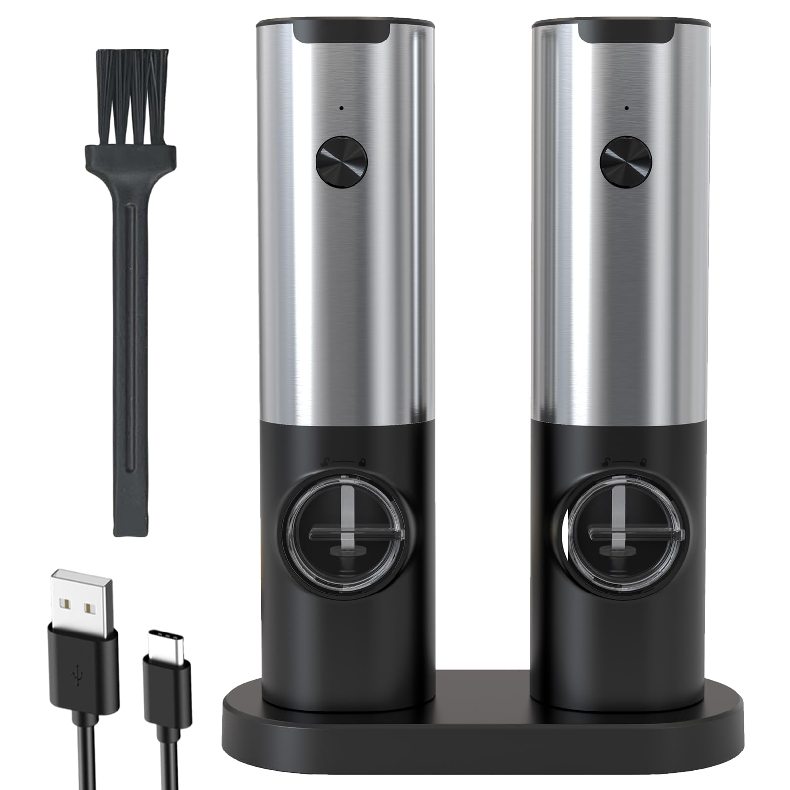 IraXpro Electric Salt and Pepper Grinder Set with Rechargeable Base,LED Light,Ceramic Grinders with Adjustable Coarseness,Electric Salt and Pepper Mill Set,Grinder for Kitchen (Silver-Rechargeable)