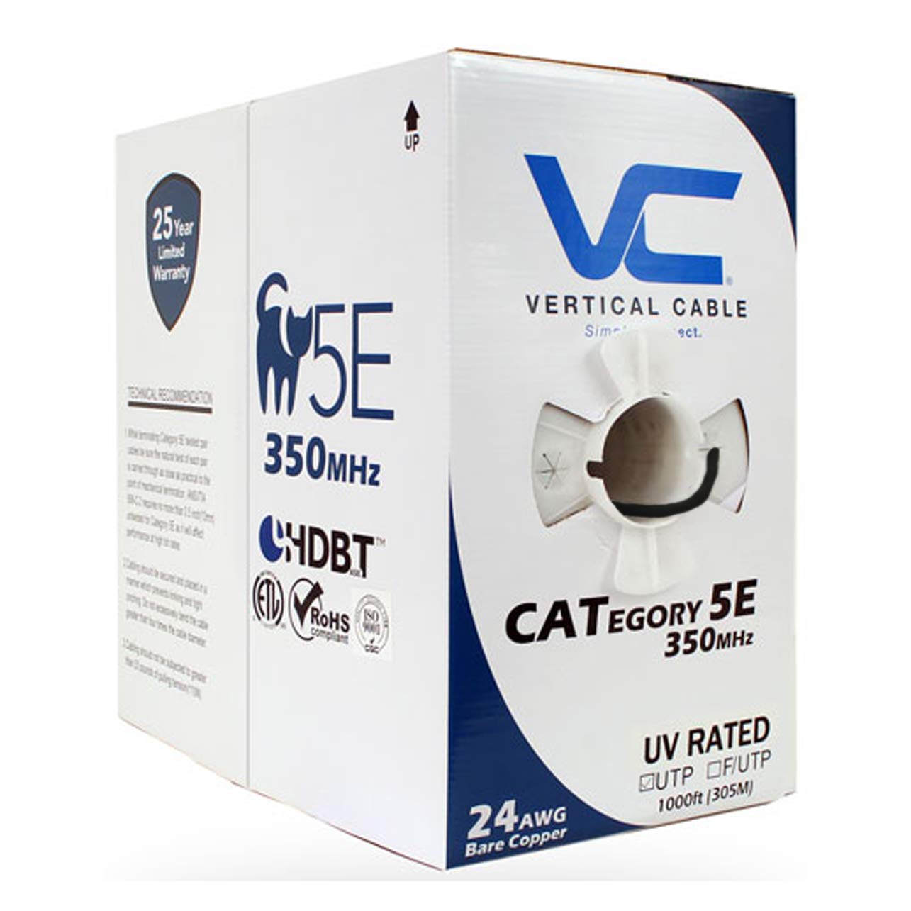 Vertical Cable Cat5e, 350 Mhz, UTP, UV Jacket, Outdoor, CMX, 1000ft, Black, Bulk Ethernet Cable