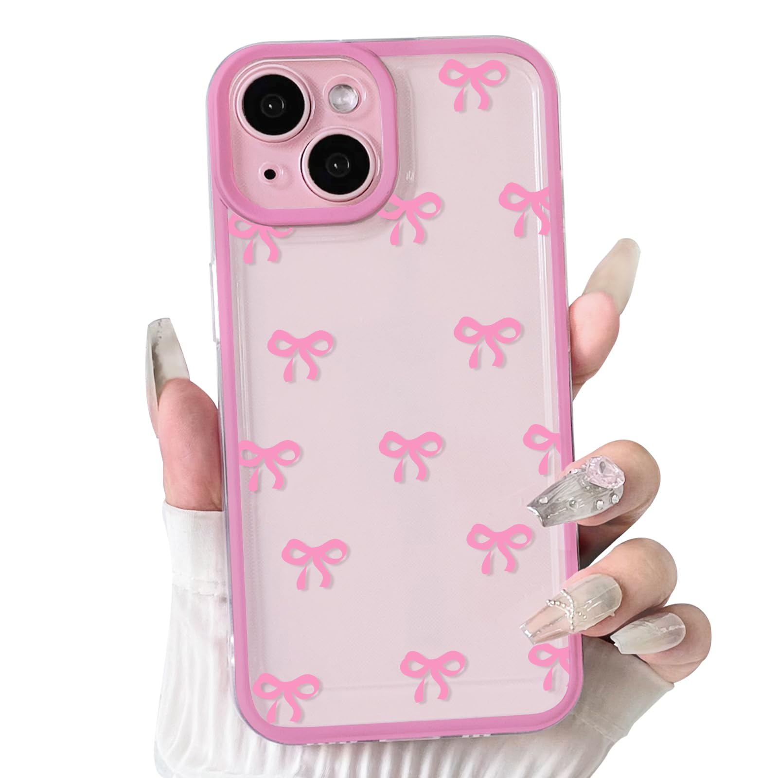 NITITOP Compatible with iPhone 15 Plus Case Cute Clear Durable Ribbon Bowknot Pattern for Girls Women Soft TPU Transparent Full Camera Lens Shockproof Protective Phone Cover - Rose Red