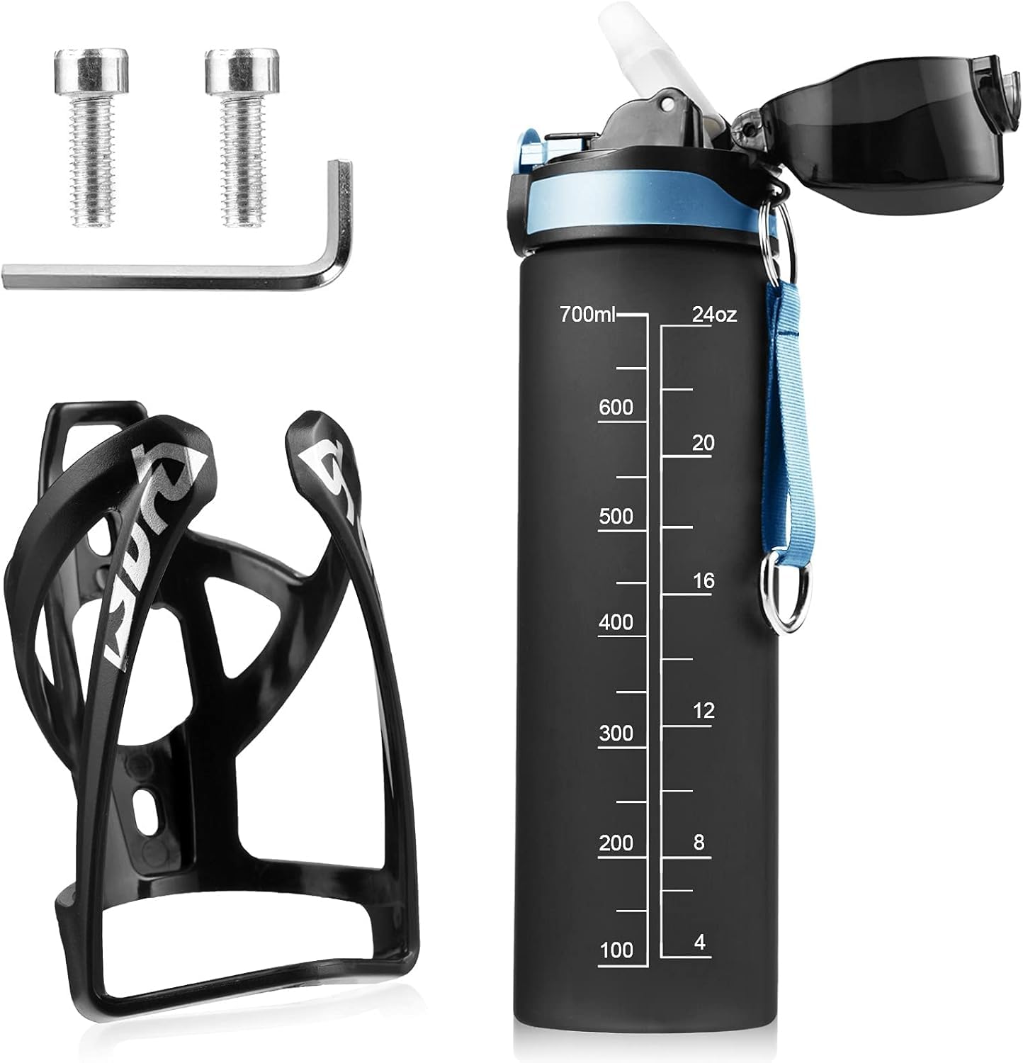 Bike Bottle Holder with 700ml Water Bottle, Premium BPA Free Leak Proof Bike Water Bottle with Bottle Cage, Cycling Drink Bottle Holder for Road Bike, Mountain Bike and Kids Bike (Black)