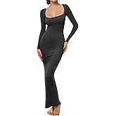 Buauty Women's Bodycon Maxi Dresses, Ribbed Square Neck Long Dress, Fall Long Sleeve Lounge Dress for Women Jet Black