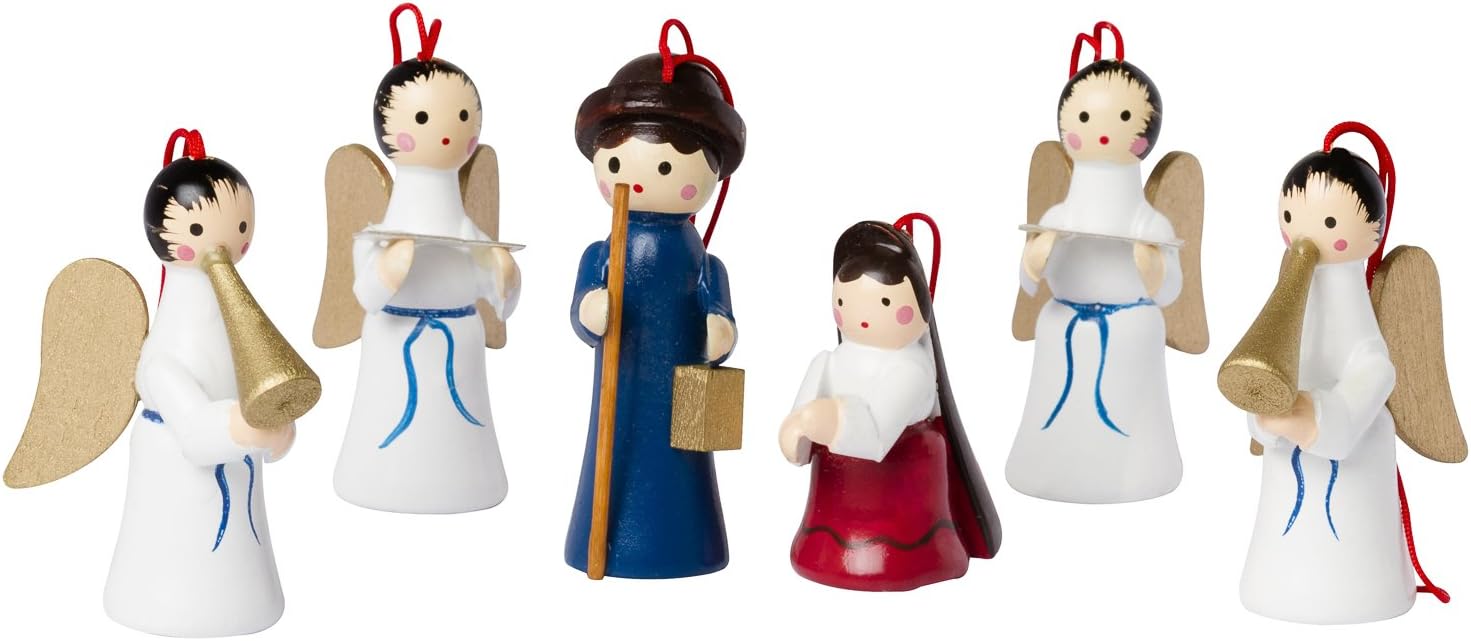 BRUBAKER - 6 Piece Christmas Tree Hanging - Angels, Marie and Joseph - Wooden Figurines - Hand-Painted - Christmas Tree Decoration