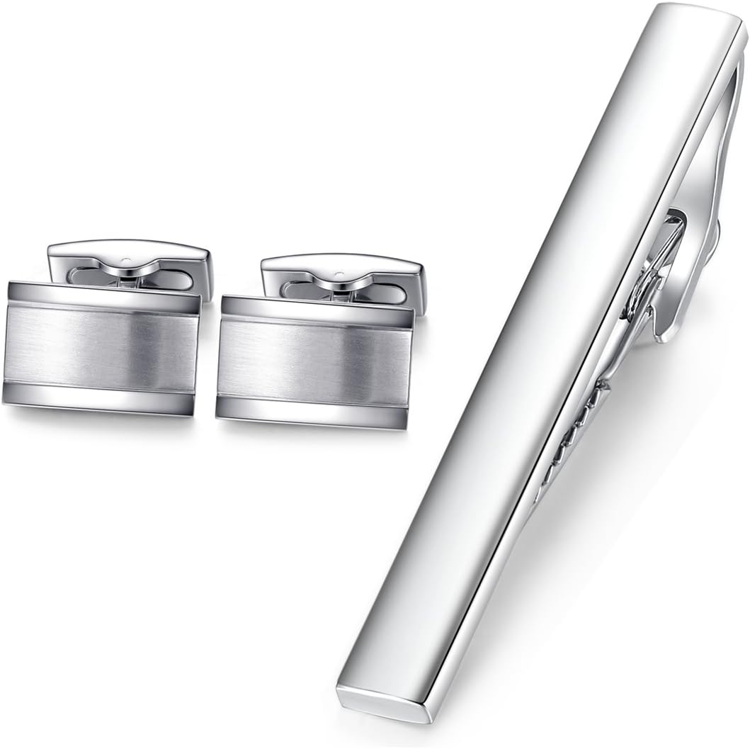Cufflinks Tie Clip Set for Mens - Rectangle Stainless Steel Silver, for Business Wedding Gift