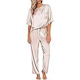 Ekouaer Womens Satin Silky Pajama Set Short Sleeve Shirt with Long Pajama Pant Set Soft PJ Loungewear