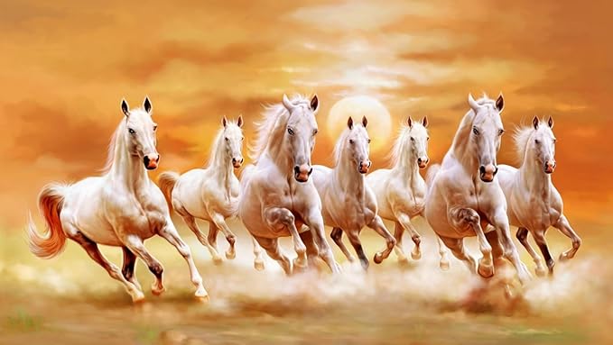 Shine India Seven Horses Painting,(As Per Vastu & Fengshui) Without Frame With Textured Borderon Rubberized Special Material, 48X27 Inch
