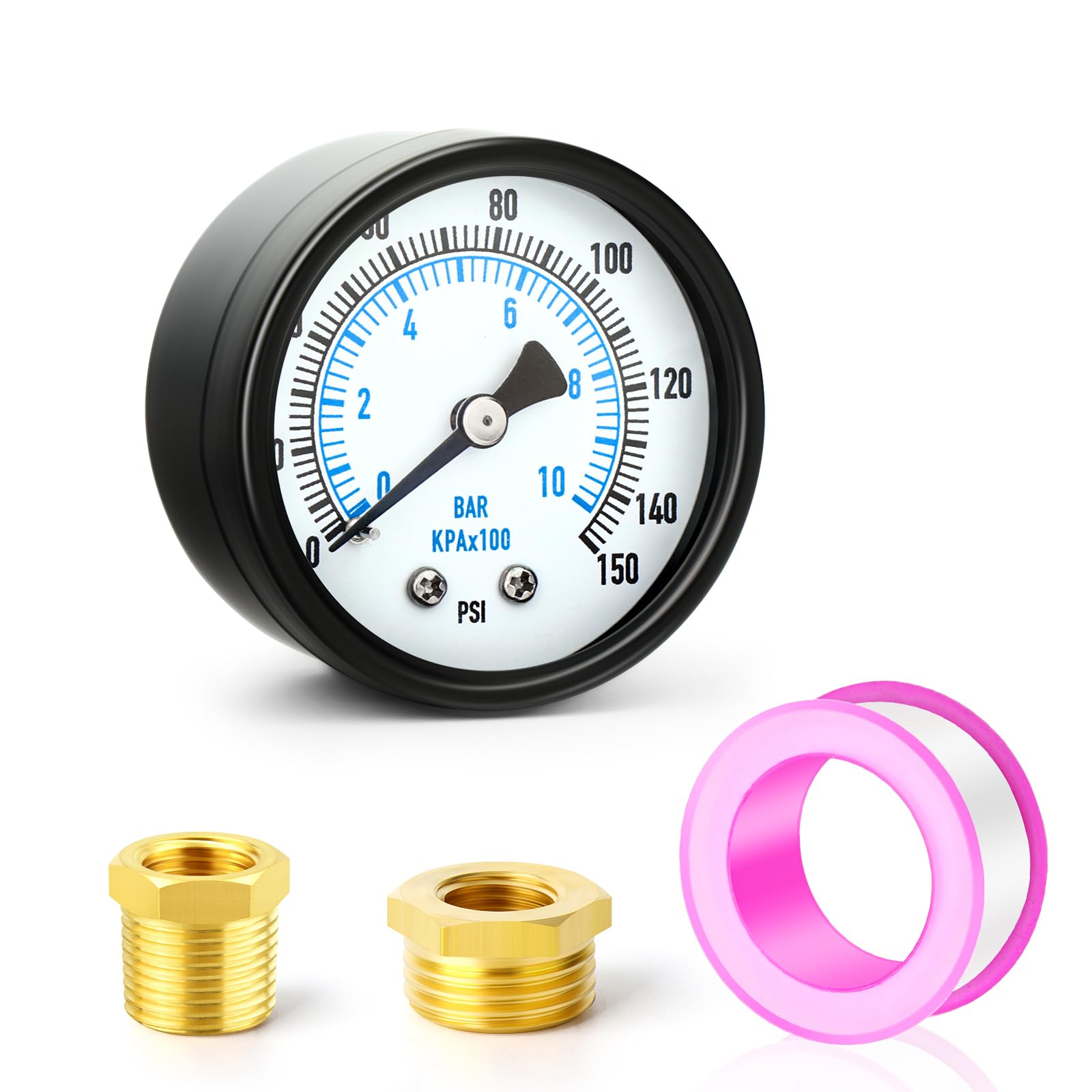 TAILONZ PNEUMATIC 0-10 Bar 2" DIAGRAM 1/4" BSP Well Pump pressure gauge with 1/2" BSP and 3/8" BSP brass bushing adapter, 3-2-3% accuracy, center back mounting