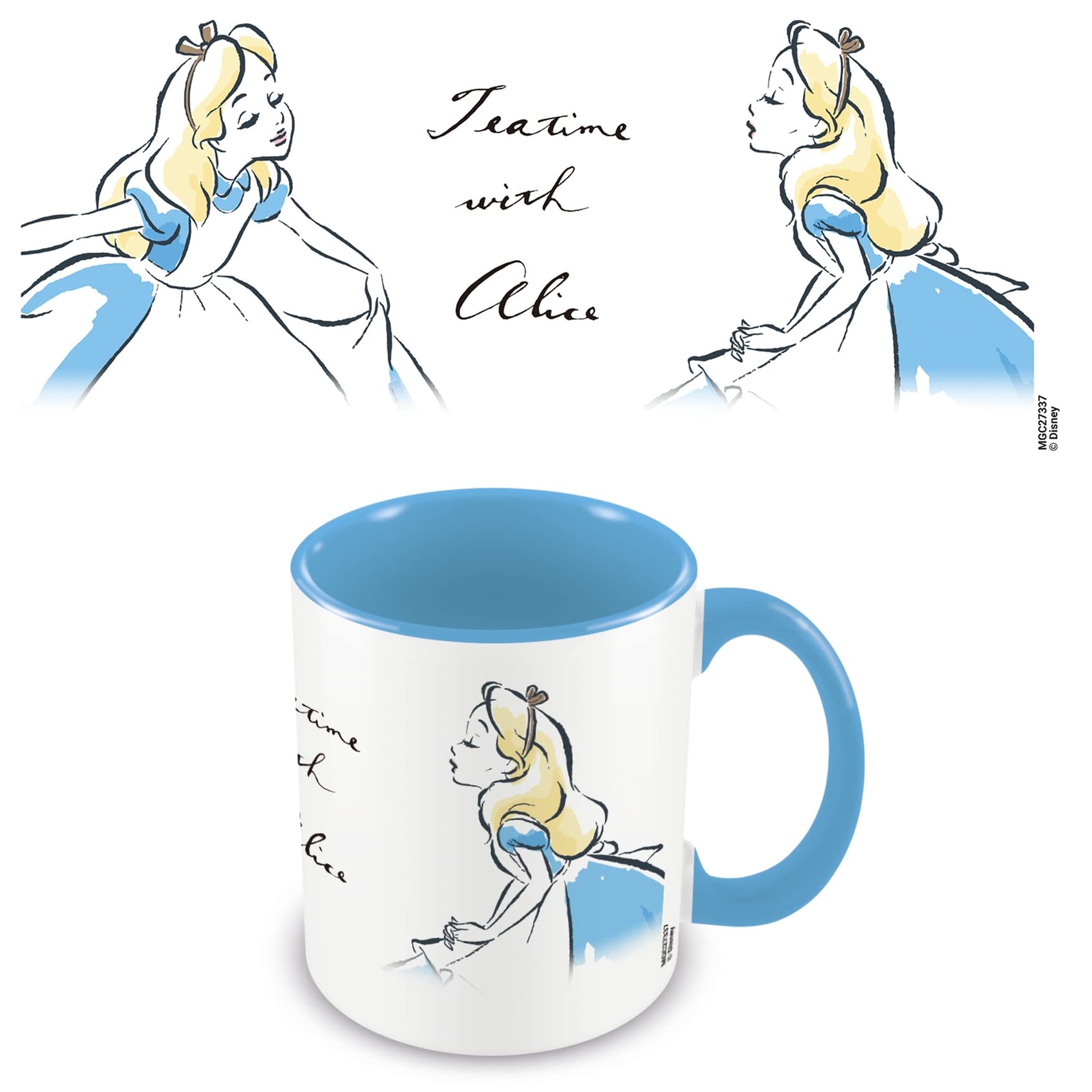 Pyramid International MGC27337 Disney Alice in Wonderland Ceramic White Mug with Blue Inside and Blue Handle, Teatime with Alice Design, 11oz Capacity
