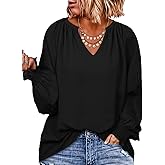 Eytino Womens Plus Size Tops Sexy V Neck Smocked Long Sleeve Casual Chiffon Blouse Flowy Work Shirts(1X-5X)