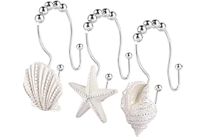 Decorative Shower Curtain Hooks,FINROS 12 Pcs Seashell Double Glide Shower Curtain Hooks for Bathroom and Living Room (White Seashell)