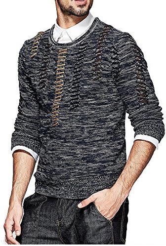 KUEGOU Han edition men's personality round collar Knited Slim Fit Casual Pullover Sweaters(XL,BLUE)