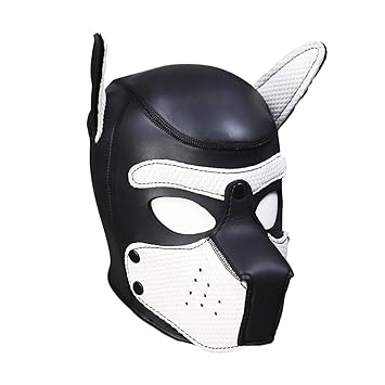 Duzzy Vollgesichtsmaske Hundewelpen Kapuze Leder Helm Abnehmbare Mund Cosplay Kostüm Party Requisiten (Schwarz & Weiß)