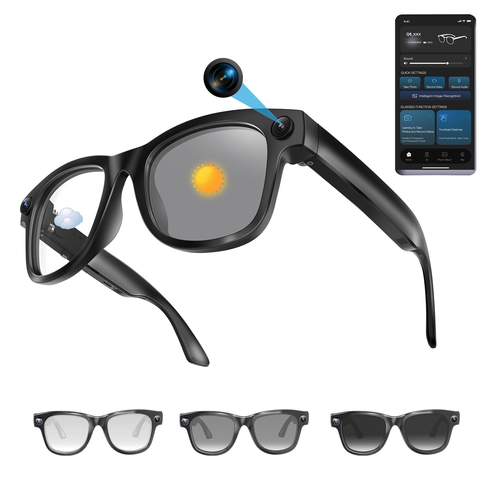 Photo 1 of AI Smart Glasses with 1080 HD Camera, Bluetooth Music & Call, Real-Time Translation in 110+ Languages, Hands-Free Video Recording Glasses with 32GB Storage, Lightweight Sunglasses for Travel & Sports
