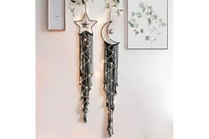 MGAHYI Moon Star Dream Catcher Decor,Macrame Woven Dreamcatcher with Light,Bohemian Wall Hanging Decoration,Bedroom,Home Decoration (Black Moon Star)