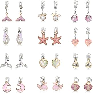 PinkSheep Clip On Earrings for Little Girls, Mermaid Earrings for Kids, 12 Pairs, Best Gift