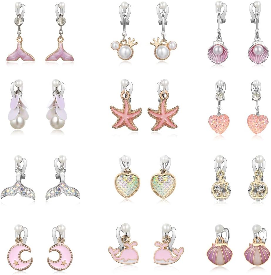 PinkSheep Clip On Earrings for Little Girls, Mermaid Earrings for Kids, 12 Pairs, Best Gift