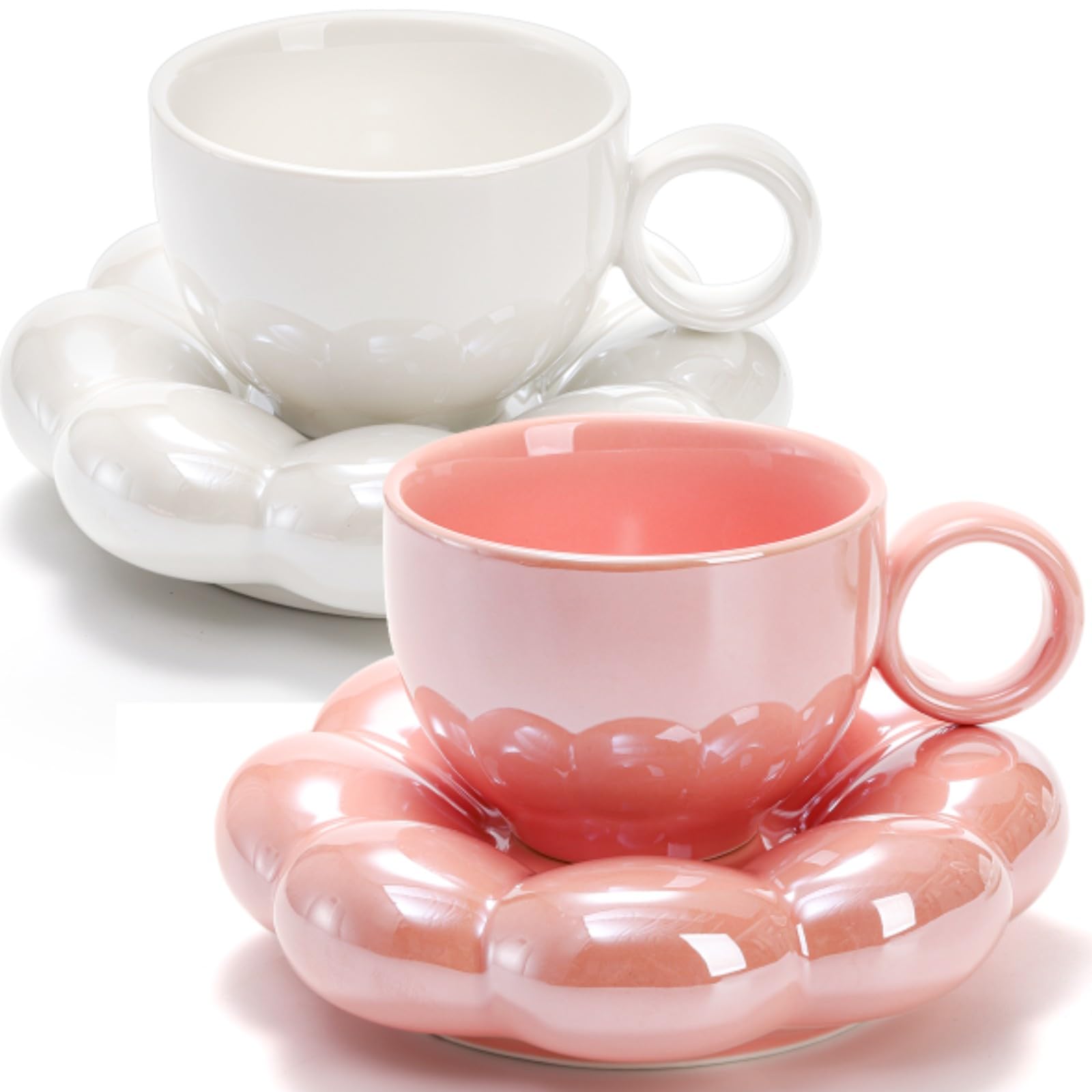 Photo 1 of Goaste 2 Pack Ceramic Coffee Mug with Saucer Set, Cute Cloud Mug with Sunflower Coaster, 8oz Creative Latte Tea Cup for Office, Home, Coffee, Tea, Latte, Milk, Pink, Pearl White