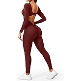 YEOREO Long Sleeve Jumpsuits for Women V Back Bodysuit Workout Full Length Bodycon Scrunch Leggings One Piece Romper