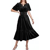 Dokotoo Women's V Neck Short Flared Sleeve Wedding Guest Dress Elastic Waist Tiered Ruffle Hem Velvet Dress