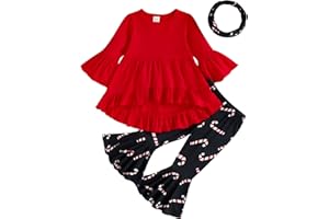 Noubeau Christmas Clothes Toddler Baby Girl Long Sleeve Shirt Dress Car Print Flared Pants Bell-Bottom Fall Winter Outfit Set