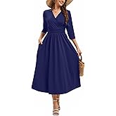 DinyIn Elegant Dress for Women Summer V-Neck Wrap 3/4 Sleeve A-Line Work Cocktail Party Sunshine Midi Dresses with Pockets
