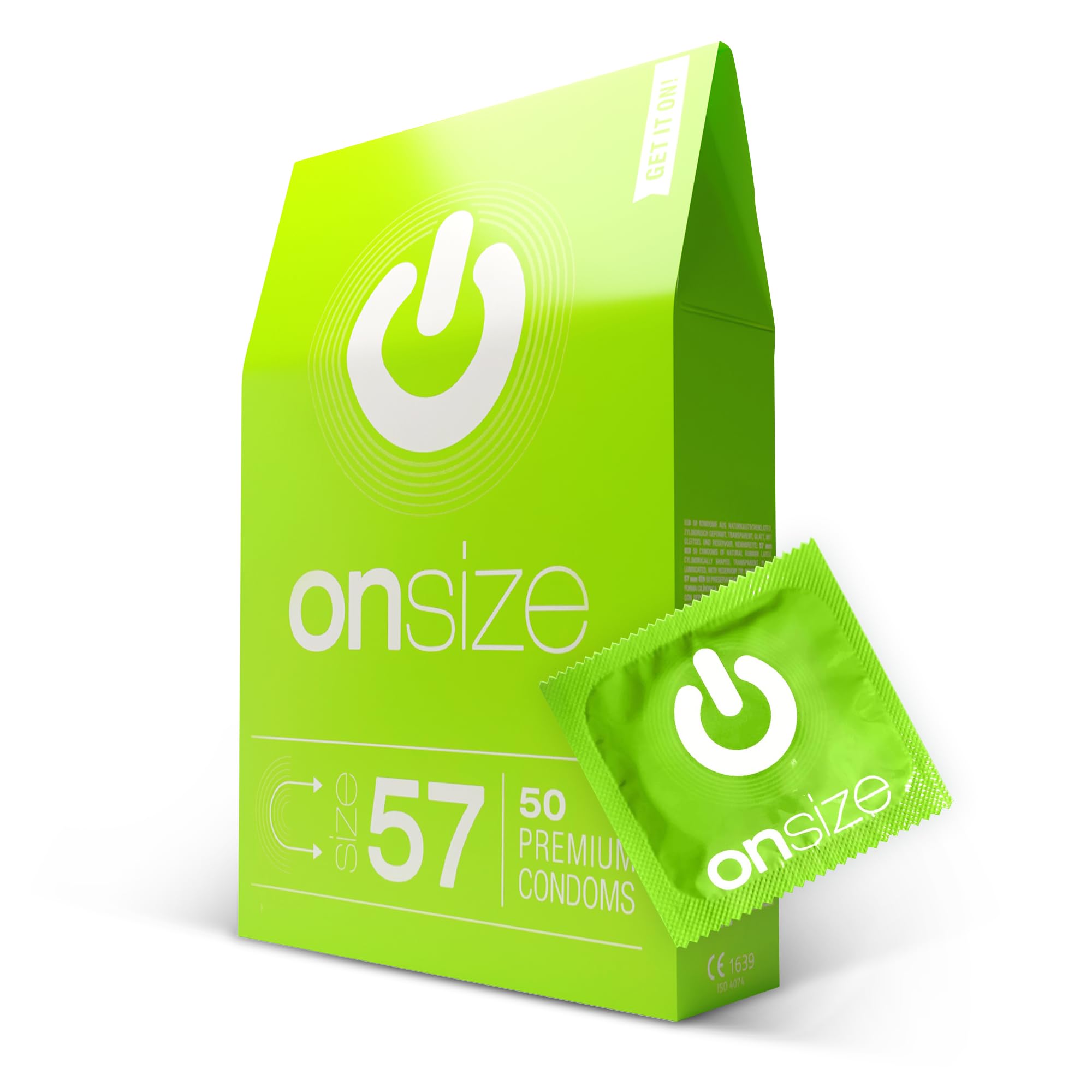 ON ONsize Premium Condoms - 50 Pack, 57mm, 0.07mm Thickness, Sustainable & Vegan, Men's Condoms