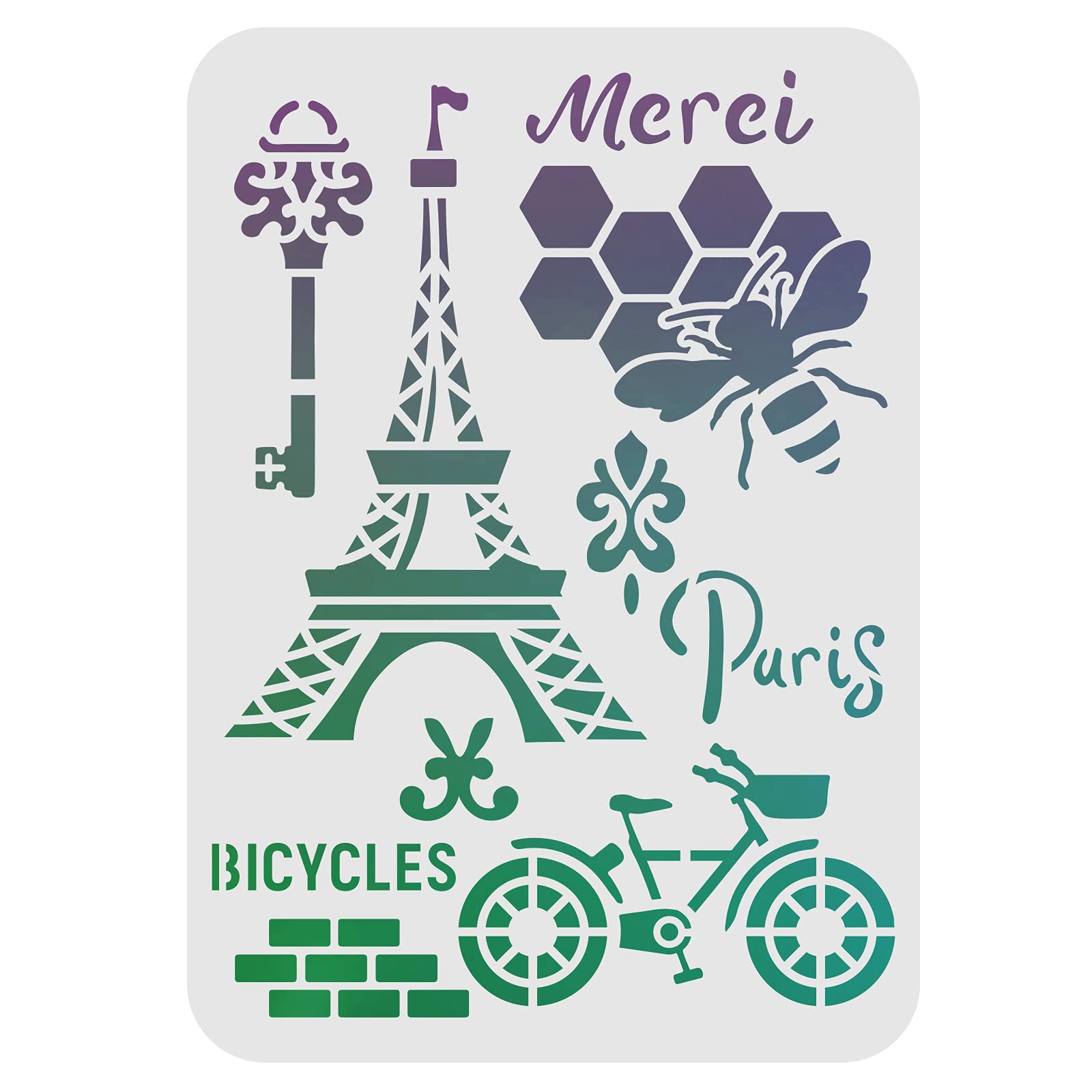 FINGERINSPIRE Eiffel Tower Stencils - 29.7x21cm Plastic Bee Key Bicycles Drawing Painting Templates for Wood Walls Furniture Crafts