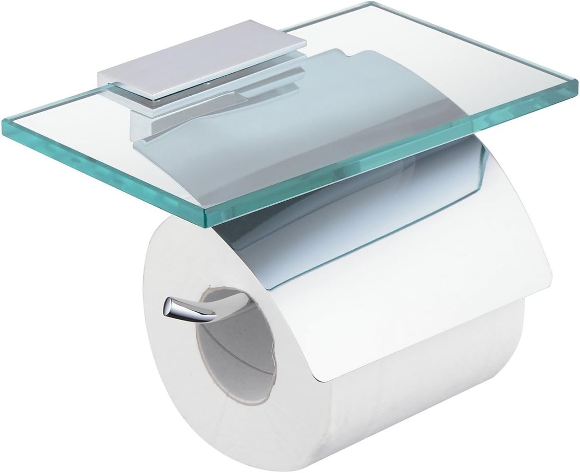 Hiendure Toilet Paper Holder with Shelf, Brass Lavatory Tissue Holder with Mobile Phone Storage Rack and Lid,Chrome