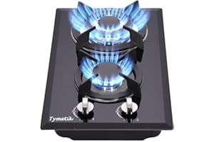 Tymetik 12 Inch Gas Cooktop - 2 Burner Built-in Stovetop with Tempered Glass, LPG/NG Convertible Dual Fuel, Ideal for RVs, Apartments, Outdoor