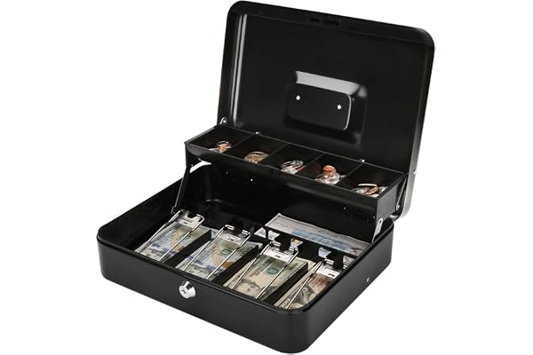 Jssmst Large Cash Box with Money Tray and Lock - Safe Box for Cash Saving Key Lock Money Organizer Box, 11.8L x 9.5W x 3.5H Inches, Black, SM-CB0501L, XLarge